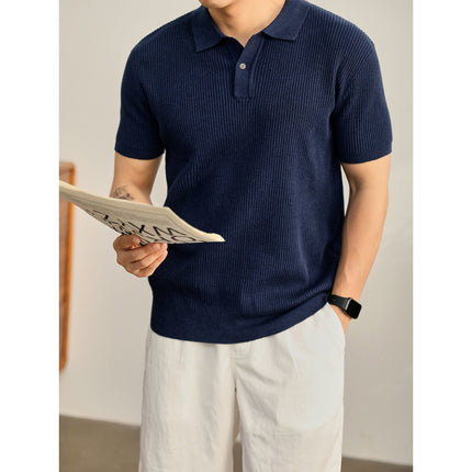 Summer Cooling Knitted Ribbed Texture Polo Shirt for Men with One Button Turn-down Collar