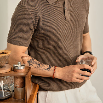 Summer Cooling Knitted Ribbed Texture Polo Shirt for Men with One Button Turn-down Collar
