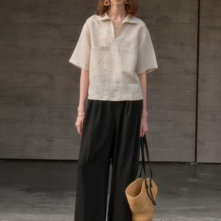 Linen V-Neck Loose Short Sleeve Womens Shirt