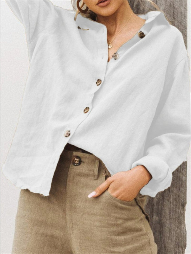 Womens Lapel Long Sleeve Cotton Linen Shirt
