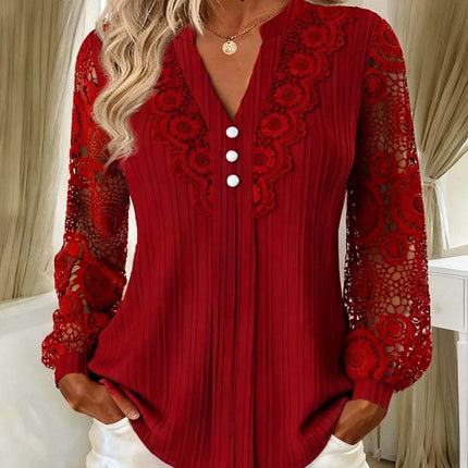 Women Solid Color V-Neck Lace Blouse Long Sleeve Slim Fit Shirt