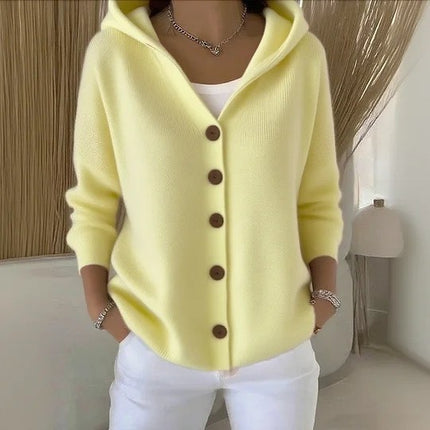 Women's buttoned knitted hooded cardigan