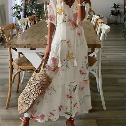 Womens V-Neck Printed Lantern Sleeve Dress