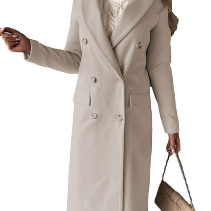 Womens Double-Breasted Wool Blend Coat with Pockets