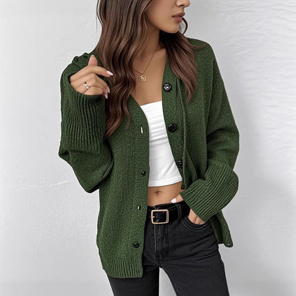 Womens Solid Color Hooded Drawstring Knit Cardigan Jacket