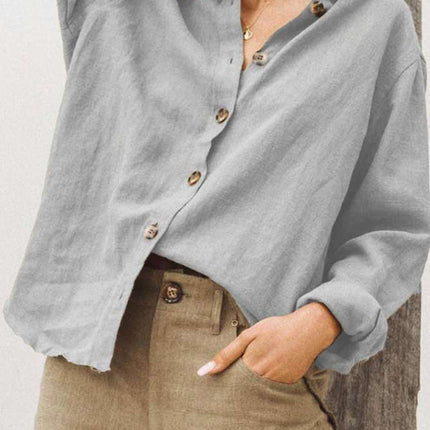 Womens Lapel Long Sleeve Cotton Linen Shirt