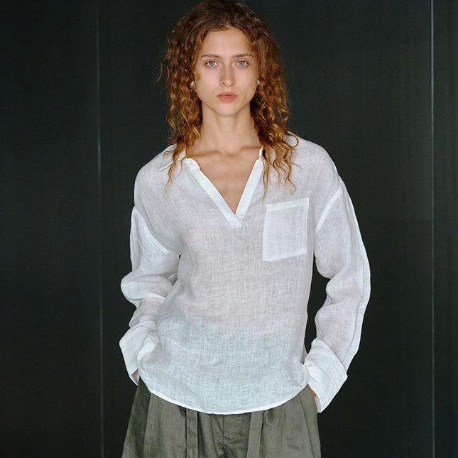 Women's Linen Lapel Shirt Long Sleeve Casual Top