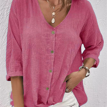 Womens V-Neck Loose Fit Short Sleeve Blouse