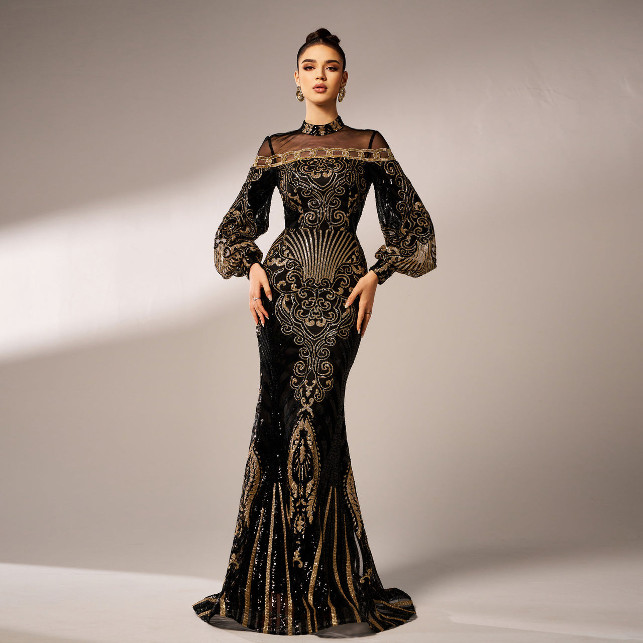 Long Sleeve Round Neck Sequins Mesh Fishtail Evening Dress