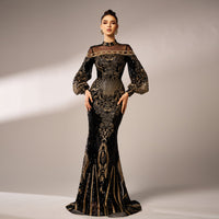 Long Sleeve Round Neck Sequins Mesh Fishtail Evening Dress