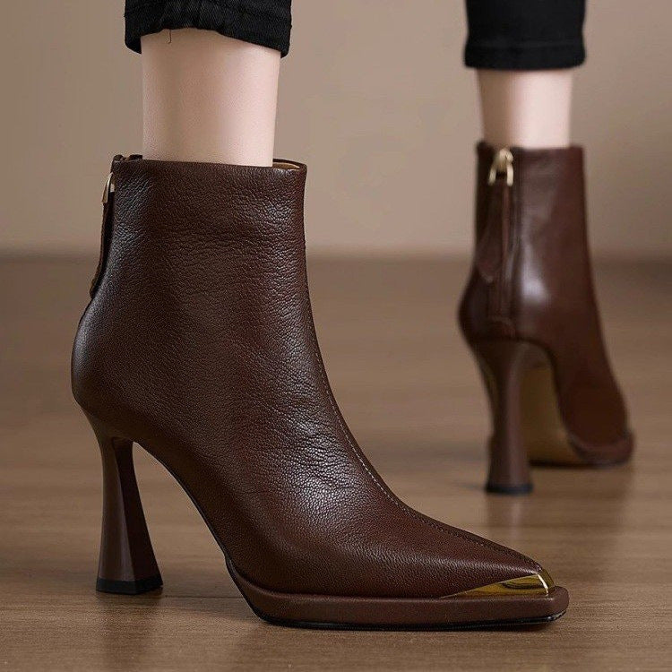 AutumnWinter Europe New Pointed Toe Chunky Heel Side Zip Boots For Women