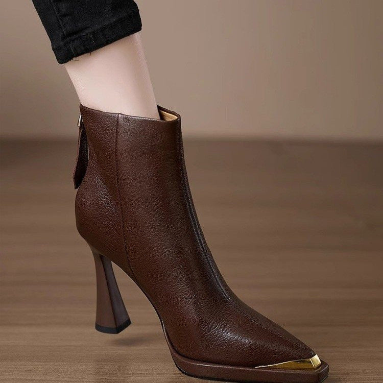 AutumnWinter Europe New Pointed Toe Chunky Heel Side Zip Boots For Women