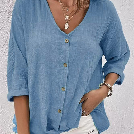 Womens V-Neck Loose Fit Short Sleeve Blouse