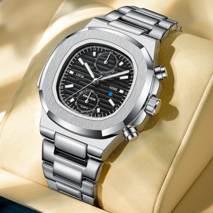 Multifunctional Mens Quartz Watch with Stainless Steel Strap