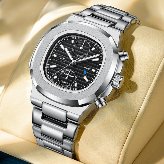 Multifunctional Mens Quartz Watch with Stainless Steel Strap