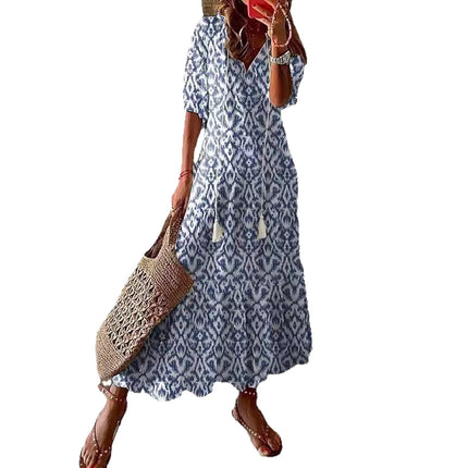 Womens V-Neck Printed Lantern Sleeve Dress