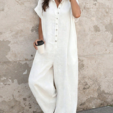 Short Sleeve Button Front Loose Fit Jumpsuit