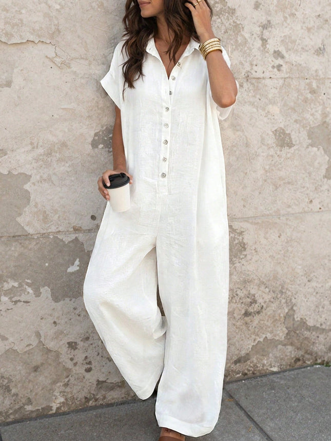 Short Sleeve Button Front Loose Fit Jumpsuit
