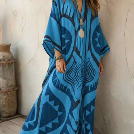 Printed V-neck five-button long dress