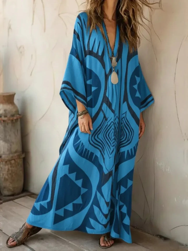 Printed V-neck five-button long dress