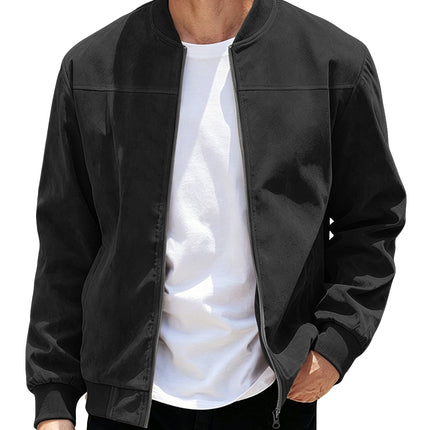 Mens Suede Zipper Jacket Retro Long Sleeve Casual Outerwear