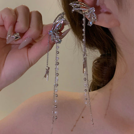 Zircon Star Moon Tassel Clip Earrings