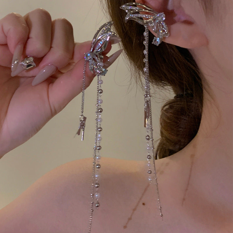 Zircon Star Moon Tassel Clip Earrings
