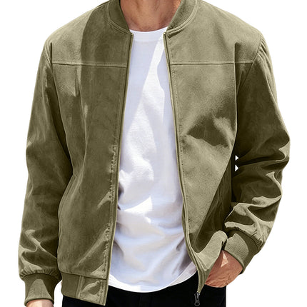 Mens Suede Zipper Jacket Retro Long Sleeve Casual Outerwear