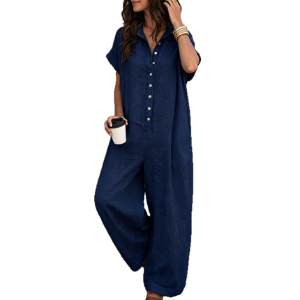 Short Sleeve Button Front Loose Fit Jumpsuit