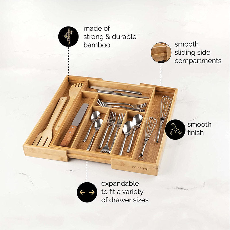 Adjustable Bamboo Kitchen Cutlery Drawer Organizer Tray