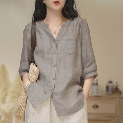 Womens Vintage Summer Cotton Linen V-Neck Loose Shirt