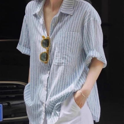 Blue White Striped Cotton Linen Short Sleeve Shirt