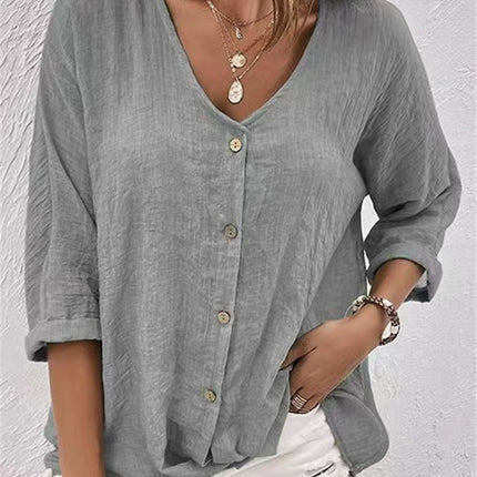 Womens V-Neck Loose Fit Short Sleeve Blouse