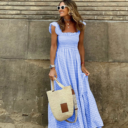 Summer Stylish Women's Patchwork Plaid Strap Elastic Flared Dress