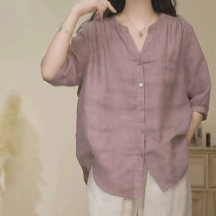 Womens Vintage Summer Cotton Linen V-Neck Loose Shirt