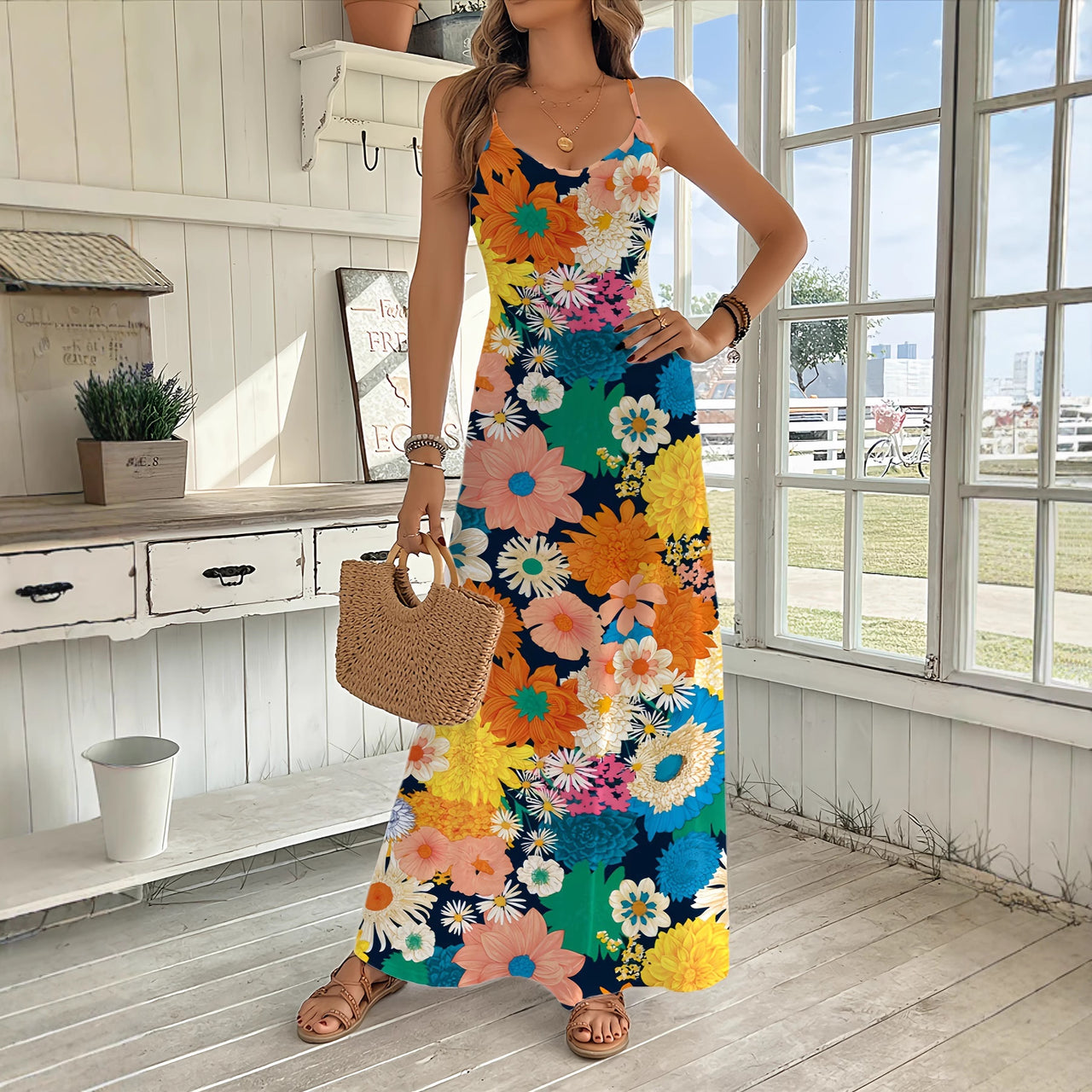 Womens Fashion Long Floral Slip Dress