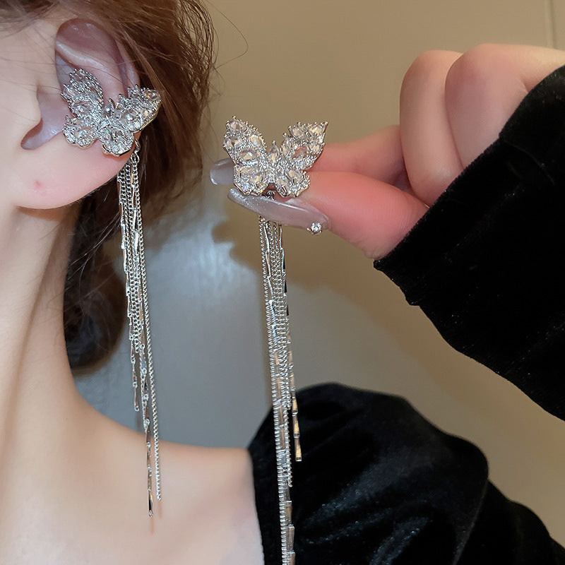 Zircon Star Moon Tassel Clip Earrings
