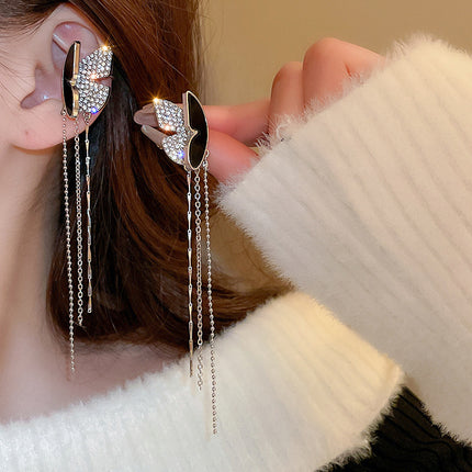 Zircon Star Moon Tassel Clip Earrings