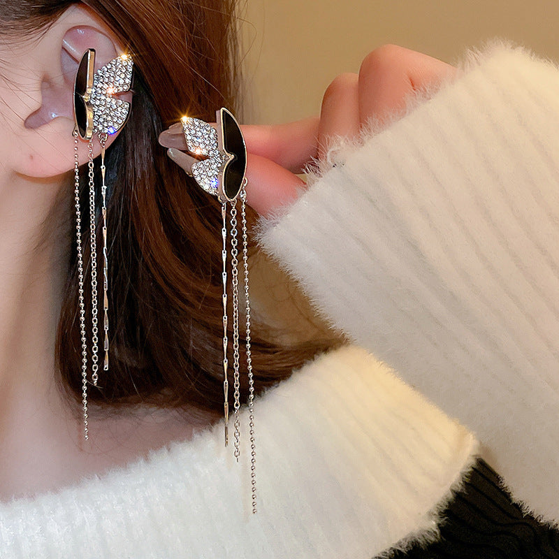 Zircon Star Moon Tassel Clip Earrings