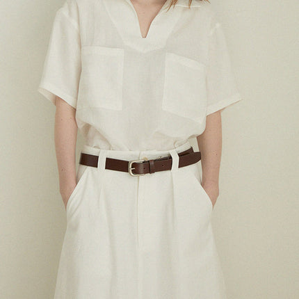 Linen V-Neck Loose Short Sleeve Womens Shirt