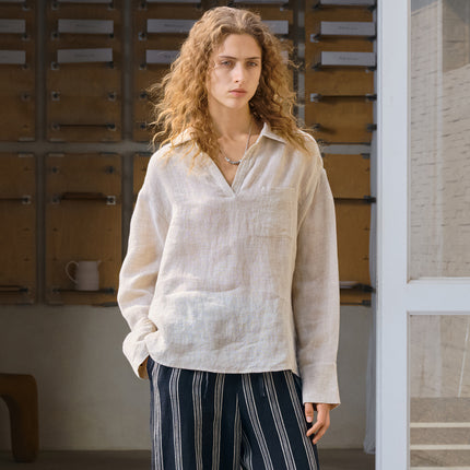 Women's Linen Lapel Shirt Long Sleeve Casual Top