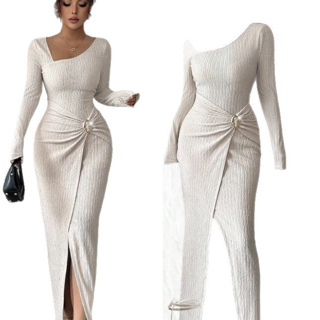 Womens Slim Fit Body Hugging Slit Neck Long Sleeve Knit Dress