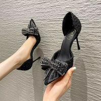Breathable Side Empty Bow Niche With Skirt Rhinestone Hollow Pumps
