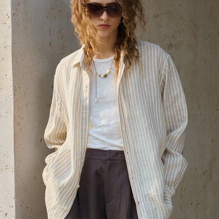 Women's linen check long-sleeved loose-fitting collar shirt