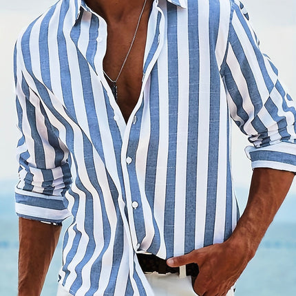Mens Casual Long Sleeve Striped Loose Fit Shirt