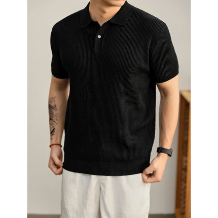 Summer Cooling Knitted Ribbed Texture Polo Shirt for Men with One Button Turn-down Collar