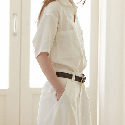 Linen V-Neck Loose Short Sleeve Womens Shirt