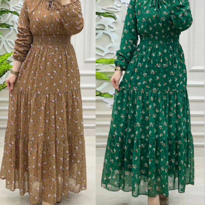 Women's Middle East Muslim Chiffon Flower Smocking Long Fashion Elegant Dress