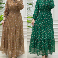 Women's Middle East Muslim Chiffon Flower Smocking Long Fashion Elegant Dress