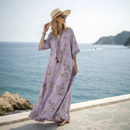 Printed V-neck five-button long dress